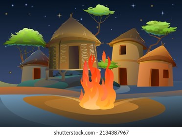 Night by fire. Africa village. Rural houses made of clay and straw. African landscape. Acacia trees. Vector