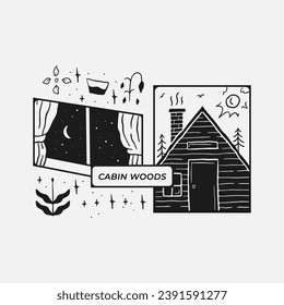 Una cabaña nocturna en la ilustración vintage del vector del bosque