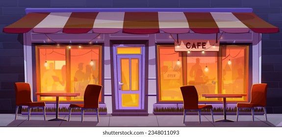 Night cafe exterior with table and chair outside. Outdoor restaurant terrace cartoon panorama illustration. People silhouette in open city coffeehouse in evening. Storefront in downtown with garland