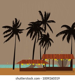 Night cafe on the beach with palm trees.Vector illustration