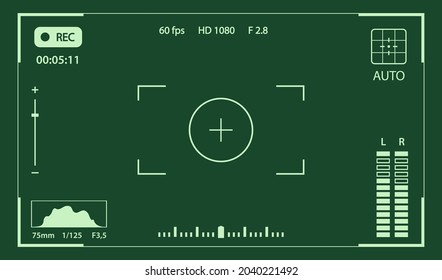 Night camera military viewfinder overlay. Camera frame vector template with gps coordinates, information timing on green background. Vector 10 eps