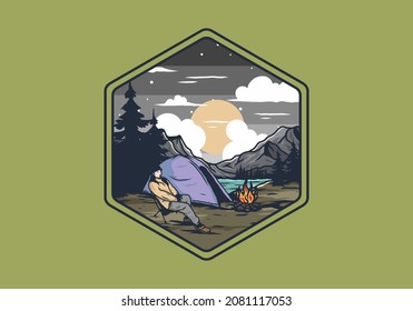 Night camp alone illustration drawing design