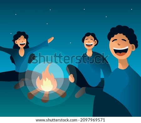 Night camp with bonfire and friends. Vector cartoon landscape with sky, stars and campsite. Laughing people, happy people and outdoor gathering.