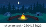 Night camp in a forest with tents, campfire and log near it. Landscape view on a campsite in the mountains. Summer outdoor vacation. Camping background for game design. Cartoon vector illustration.