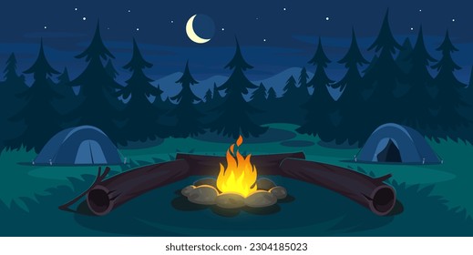 Night camp in a forest with tents, campfire and log near it. Landscape view on a campsite in the mountains. Summer outdoor vacation. Camping background for game design. Cartoon vector illustration. svg