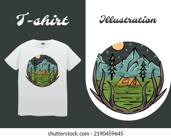 Night Camp Hand Drawn Illustration vintage design. Perfect for tshirt, sticker, logo, and print design