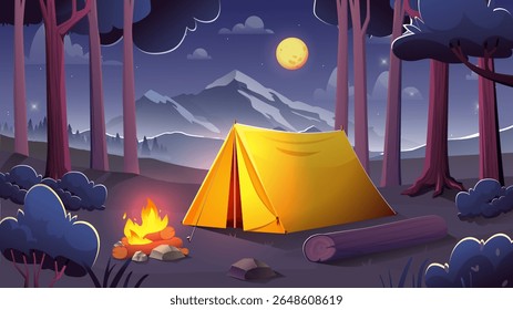 Night camp landscape. Yellow tent near log and fireplace. Hiking and camping, active leisure. Forest near mountain silhouettes. Beautiful natural panorama. Cartoon vector illustration