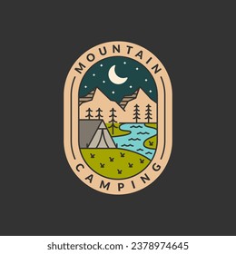 ilustración vectorial de la placa de montaña del campamento nocturno. monolina de montaña y tienda o estilo de arte de línea. el diseño puede ser para camisetas, autoadhesivos y necesidades de impresión