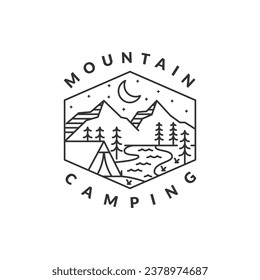 ilustración vectorial de la placa de montaña del campamento nocturno. monolina de montaña y tienda o estilo de arte de línea. el diseño puede ser para camisetas, autoadhesivos y necesidades de impresión