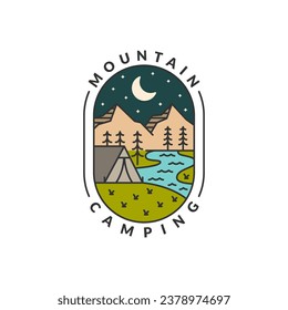 night camp mountain badge vector illustration. mountain and tent monoline or line art style. design can be for T-shirts, sticker, printing needs