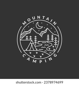 night camp mountain badge vector illustration. mountain and tent monoline or line art style. design can be for T-shirts, sticker, printing needs