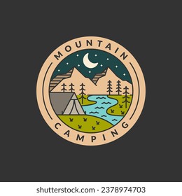 night camp mountain badge vector illustration. mountain and tent monoline or line art style. design can be for T-shirts, sticker, printing needs