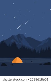 Night camp at mountain with starry sky