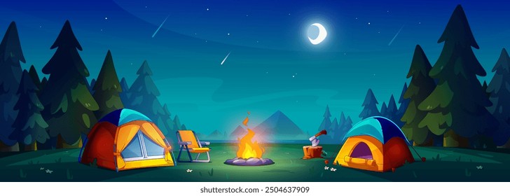 Night camp near mountain lake. Vector cartoon illustration of dark forest glade with burning campfire and tent, fir trees, green grass and summer flowers, shooting stars and moon glowing in sky