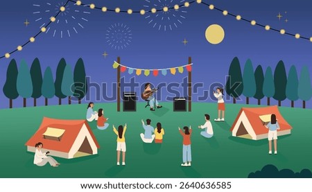 Night camp performance. Camping on the hill. People camping holiday. Prom night stage. Concert audience. Camp festive. New year party. Summer time holiday.