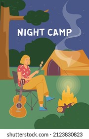 Night camp scene, woman sits in chair by the bonfire and roasts marshmallow, poster or flyer flat vector illustration. Concept of summer vacation in nature and campground recreation.