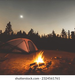 Night camp with a tent and campfire, on a starry night and a moon. Mountains in the background. Camping illustration. Tent illustration. 