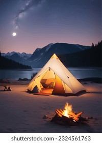 Night camp with a tent and campfire, on a starry night and a moon. Mountains in the background. Camping illustration. Tent illustration. 