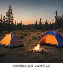 Night camp with a tent and campfire, on a starry night and a moon. Mountains in the background. Camping illustration. Tent illustration. 