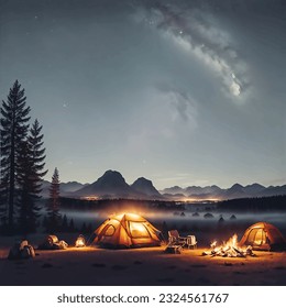 Night camp with a tent and campfire, on a starry night and a moon. Mountains in the background. Camping illustration. Tent illustration. 
