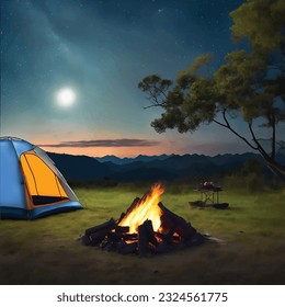 Night camp with a tent and campfire, on a starry night and a moon. Mountains in the background. Camping illustration. Tent illustration. 