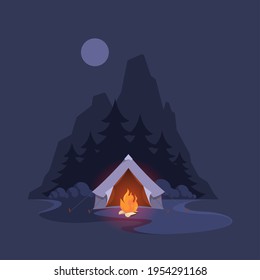 Night camp tent. Dark landscape with mountain trees and shelter adventure for happy travellers garish vector illustrations background