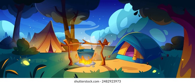 Carpa del campamento de la noche con fuego en fondo de dibujos animados del bosque. Aventura de verano al aire libre con luz de fogata por la noche. Expedición de supervivencia para descubrir la naturaleza salvaje y el parque de trekking Explore ilustración