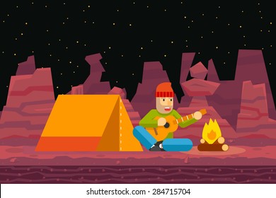 Night Camp Tent Traveler Sings plays Guitar Campfire Seamless Desert Flat Design Background Template Vector Illustration