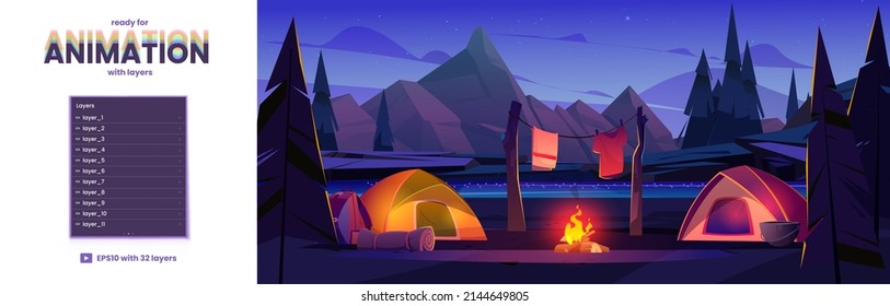 Night camp with tents, campfire and tourist camping stuff at river coast and rocks, layers for game animation. Traveler halt with drying clothes on nature landscape Cartoon vector parallax background