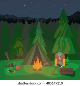 Night campfire design with tourist equipment near tent spruce forest and starry sky vector illustration 