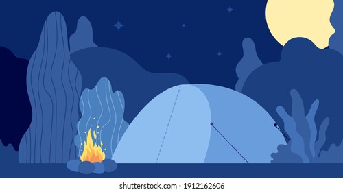 Night campfire. Flat forest camp, wild seasonal nature adventures. Tent and fire, summer wood camping in moonlight utter vector illustration