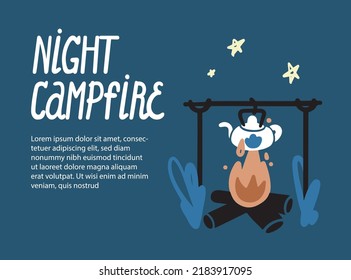 Night campfire. Illustration of a teapot heated on a fire over a starry sky. Camping, tourism, travel, summer camp. Book page, cover in vector doodle style. Dreamy romantic children's.