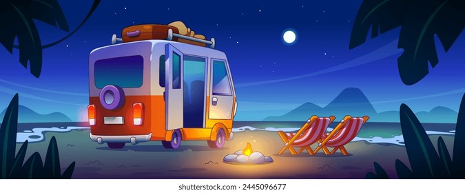 Night campfire on sea tropical coast with rv car. Camp motorhome journey to ocean in summer. Bonfire in wild summer scene design. Palm tree and stars in sky lifestyle vacation landscape panorama