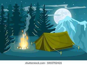 Night campground. Vector tent and campfire at night in mountain illustration. Empty campsite in evening winter forest. Night campground in wilderness area. Camping, active tourism, hiking illustration