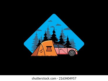 Night camping with car illustration design