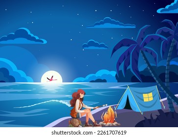 Night camping cartoon vector illustration. A girl is sitting near campfire. Beautiful ocean scene with full moon