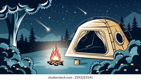 Night camping. Cozy tent stands near a glowing campfire surrounded by tree and bushes. Starry sky above. Vector retro comics style