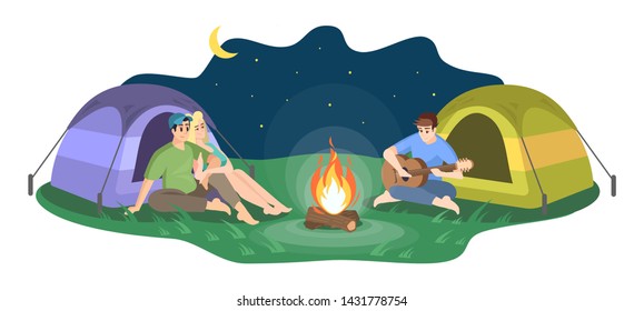 Night camping flat vector illustration. Happy couple and man playing guitar cartoon characters. Young friends sit by campfire, musical entertainment. Summer bonfire rest isolated on white background