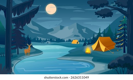 Night camping in forest near river. Glowing campfire and tent, wild deer under full moon. Peaceful wilderness travel theme. Vector flat illustration.