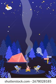 Night camping in forest with tent campfire stars and moon