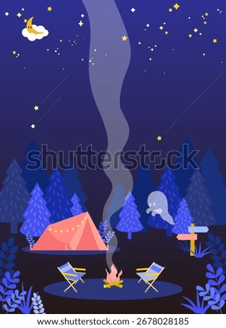Night camping in forest with tent campfire stars and moon