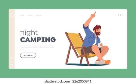 Night Camping Landing Page Template. Male Character Sitting in Chair with Mug Enjoying Tea On Camping Daybed. Relaxation And Unwinding in Hiking Camp on Nature. Cartoon People Vector Illustration