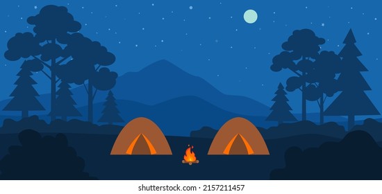 night camping landscape forest campfire glowing tents vector illustration