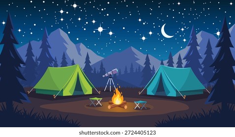 Ilustração do vetor da paisagem do acampamento noturno. Cena de acampamento de verão com tendas, fogueira, telescópio e céu estrelado nas montanhas