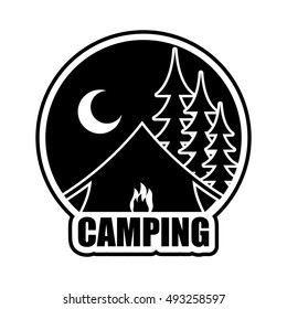 Night Camping logo. Emblem for accommodation camp. Landscape with tent and forest. Moon and Bonfire of booth

