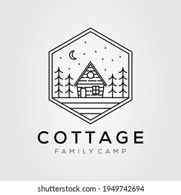 night camping minimalist line art badge logo template vector illustration design. simple outline cottage, cabin, camp, house logo concept