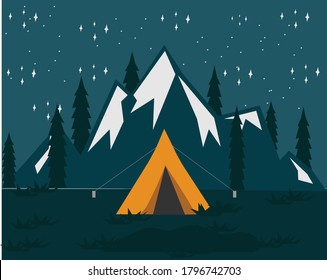 Night Camping With Mountain Background