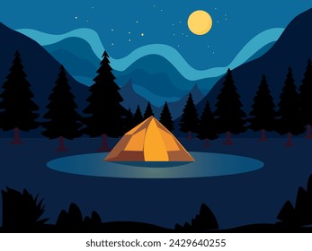 night camping in mountain landscape illustration