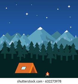 Night camping in the mountains. Flat design, vector illustration, vector.