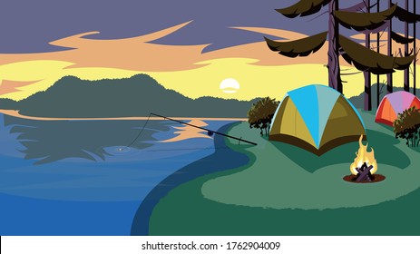 Night camping on shore. Outdoor lifestyle concept. Banner for site on camping, traveling, nature,  forest theme